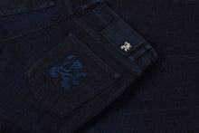 Load image into Gallery viewer, Navy jeans &quot;Micro Griffon&quot; embroidery with suede calfskin inlay
