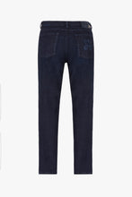 Load image into Gallery viewer, Navy jeans &quot;Micro Griffon&quot; embroidery with suede calfskin inlay
